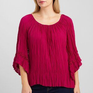 Catherines 2XWP Peasant Blouse Boho Crinkle Top Crochet Trim Sleeves (Magenta)